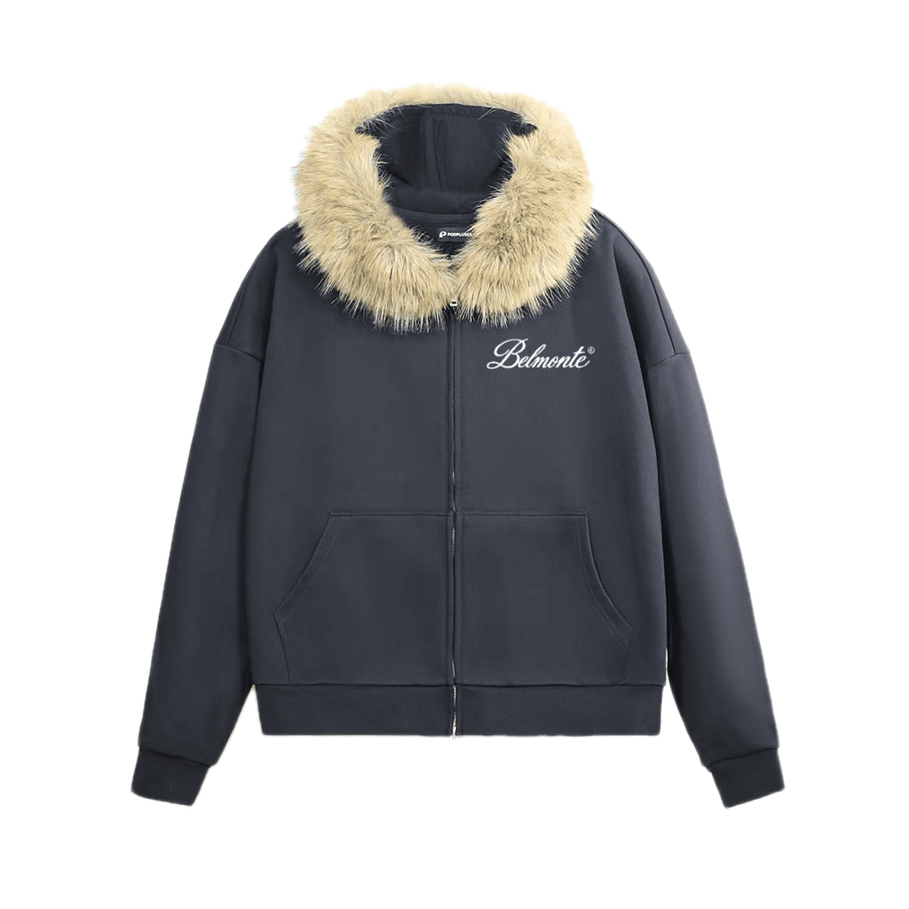 Heavyweight Fur-Trim Zip-Up Hoodie Black